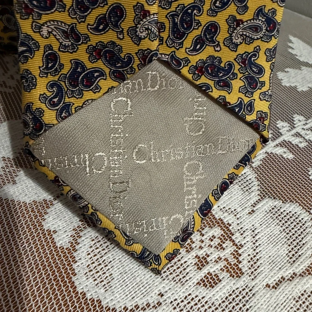Christian Dior Necktie Mens‎ OS Yellow Excellent Silk Paisley Woven Italy USA